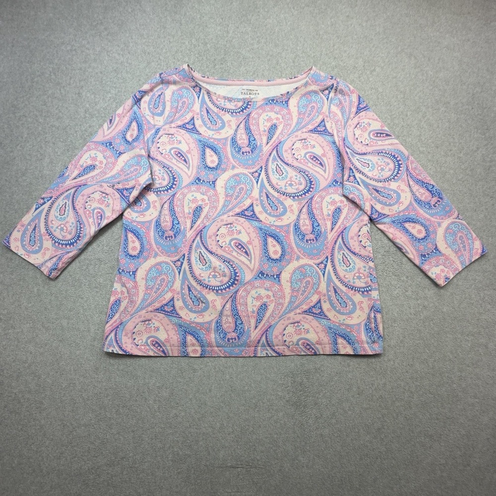 Talbots Tee Shirt Womens XL Pink Blue Paisley 3/4 Sleeve Boat Neck Top Stretch